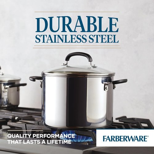 Farberware Brilliance Stainless Steel Stockpot - 8 Quart, Induction Ready, Dishwasher Safe, Glass Lid