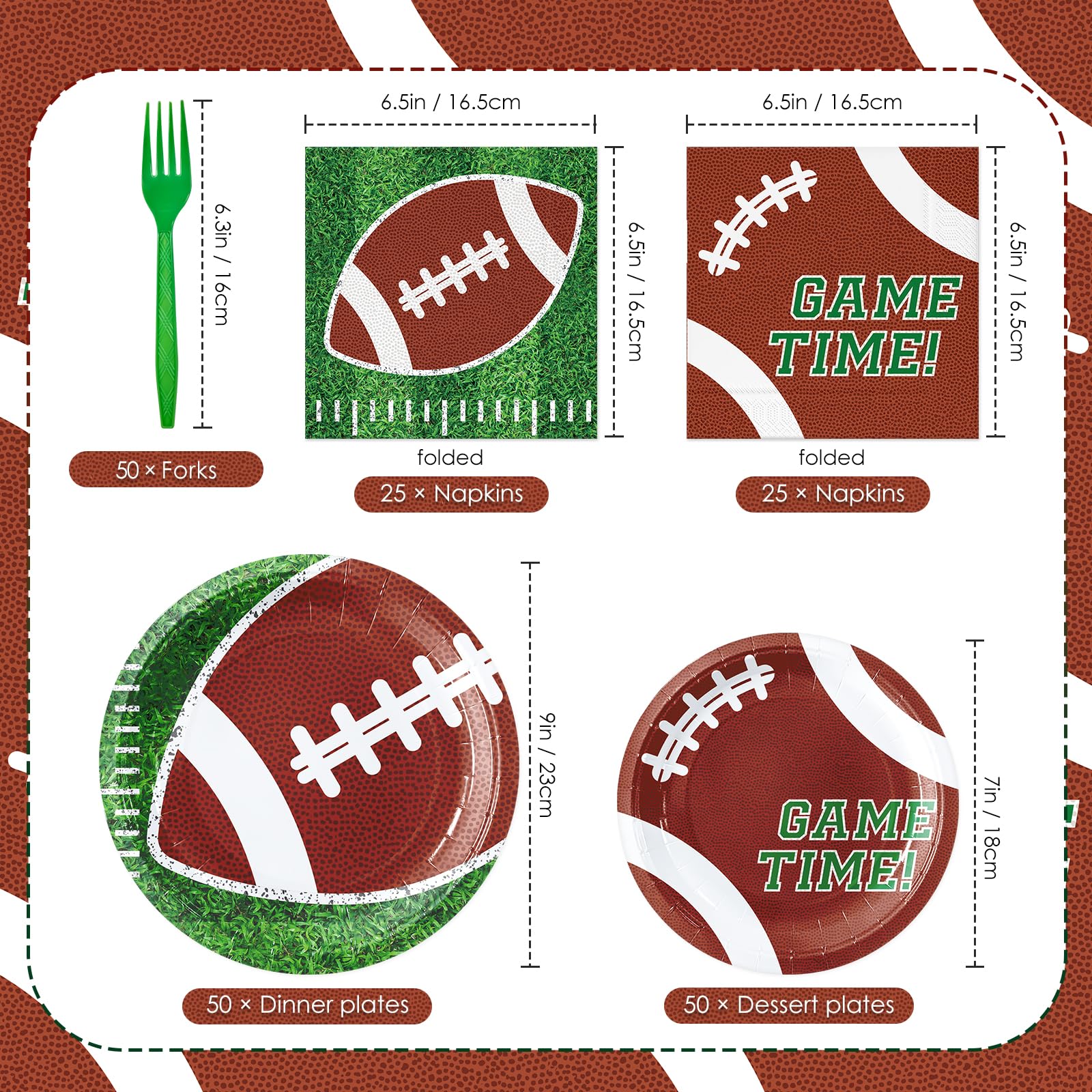 ZVK Serve 50 Football Party Paper Dessert Plates Dinner Plates Napkins with Forks Set Disposable Dinnerware