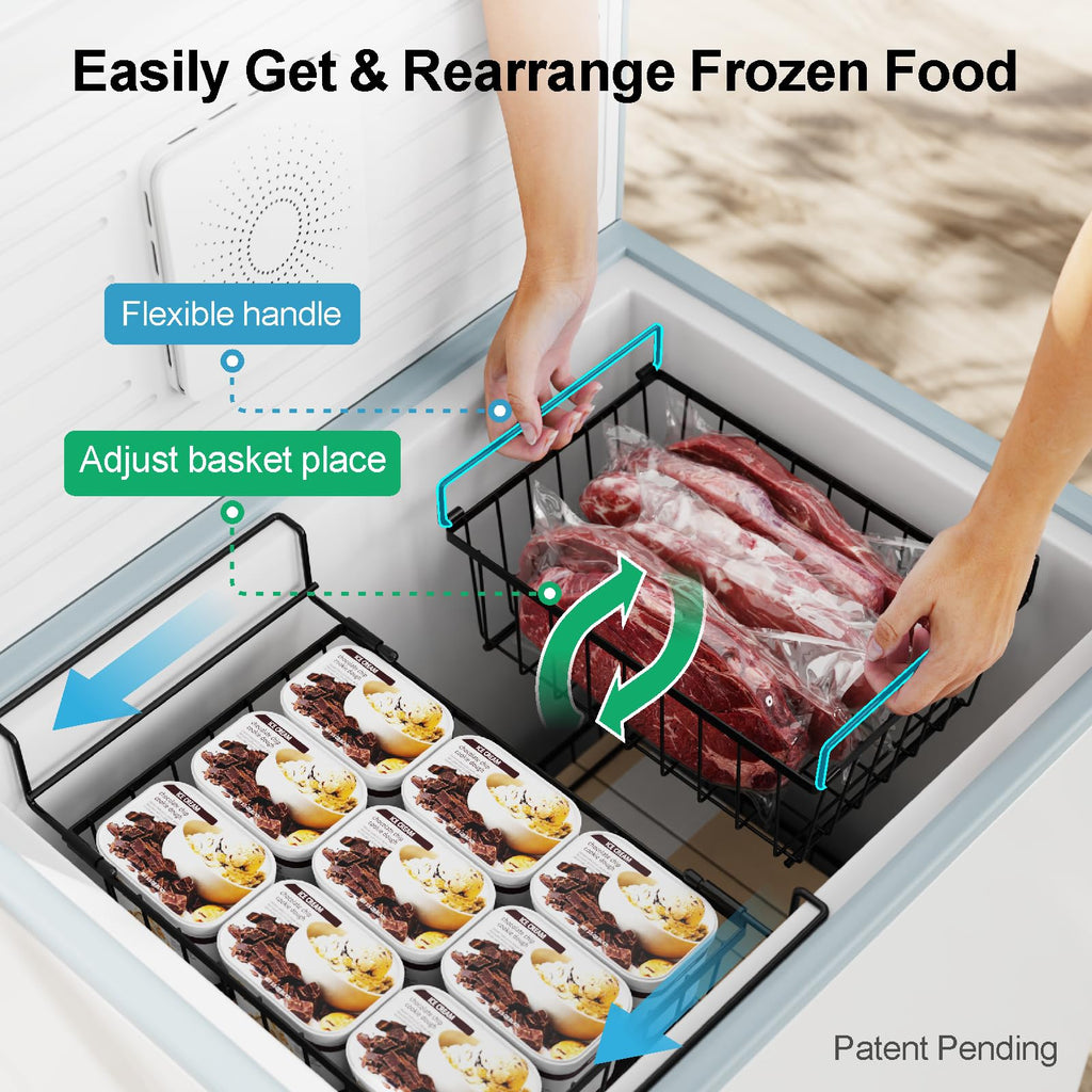 iSPECLE Chest Freezer Organizer Bins- 15.2" ~ 17.5" Freezer Baskets for Chest Freezer, Fit 5 Cu.Ft, Adjustable Hanging Baskets, 2 Pack Black