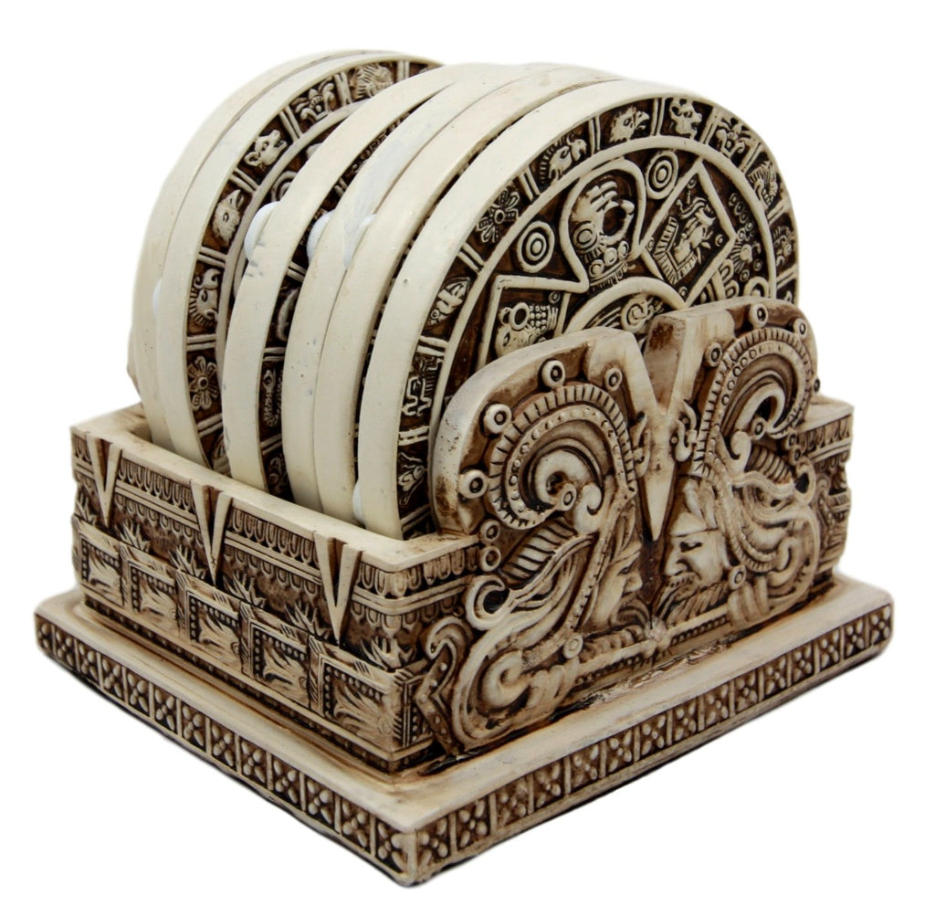 Gifts & Decors Ancient Aztec Demonic Gods Warrior Rank Symbols Set of 6 Coasters with Holder Figurine