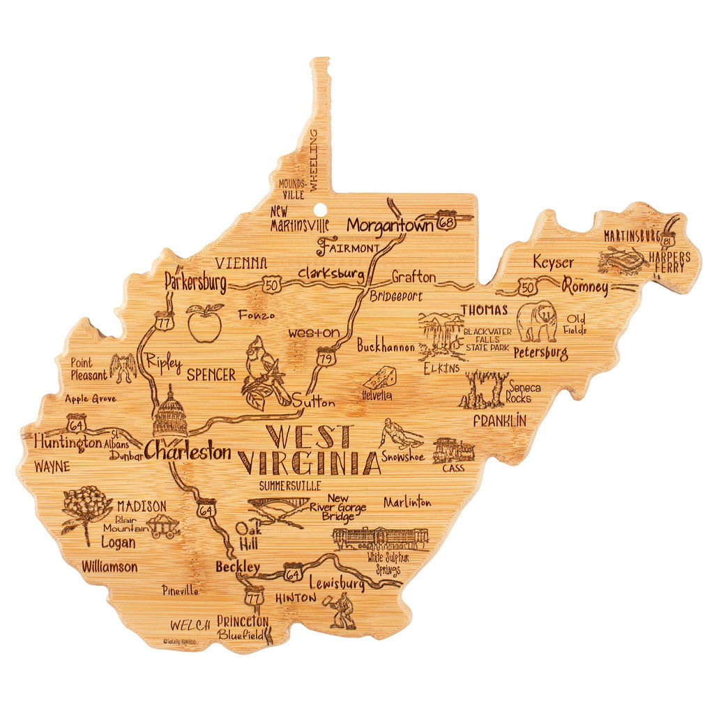 Totally Bamboo Destination West Virginia Shaped Cutting Board – Bamboo Charcuterie and Serving Board with Hang Tie for Wall Display