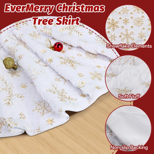 EverMerry Christmas Tree Skirt, 36 inches White Luxury Christmas Tree Skirts with Snowflake, Xmas Tree Skirt Decorations for Christmas New Year Party Decor
