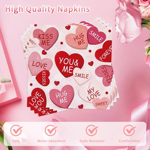 100 Pcs Valentines Day Napkins, Conversation Hearts Party Napkins, Sweet Candy Heart Table Decor for Valentine Dinner Bridal Shower Party Supplies