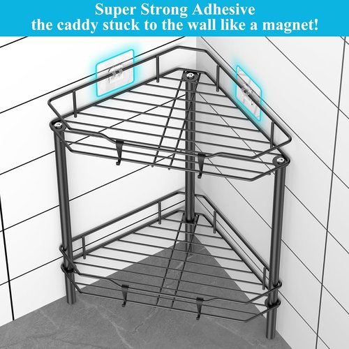 HuggieGems Corner Shower Caddy Organizer - 2 Tier Floor Standing Shelf with Hooks, Matte Black Finish