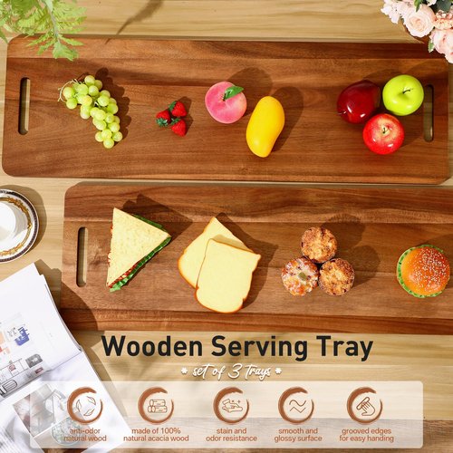 Bokon 2 Pcs Acacia Wooden Charcuterie Boards Acacia Serving Board with Handle Rectangular Hollow Handle Wood Tray Wooden Serving Platter Wood Server for Cheese Food (36 x 12 Inch )