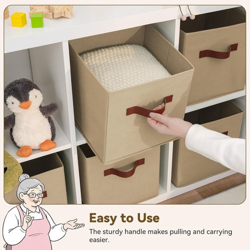 GRANNY SAYS Cube Storage Bins - 11-Inch Foldable Organizer with PU Handle, Khaki | 6-Pack for Closet & Shelves