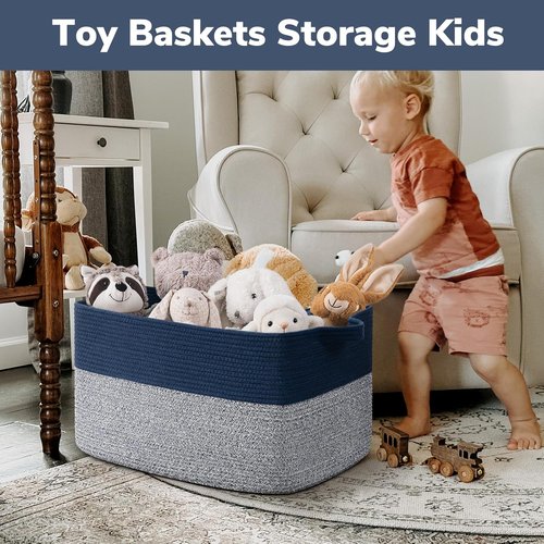 Goodpick Large Woven Blanket Basket - Decorative Cotton Rope Storage for Living Room | 22" x 17" x 12" | Mixed Blue