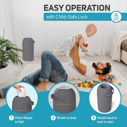 L.A. Baby Magic Diaper Pail - 100% Odor-Free System with Child-Safe Lock - No Refills Needed - Gray