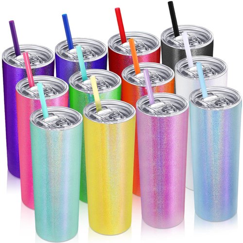 Potchen 12 Packs Glitter Skinny Tumblers with Lids and Straws Bulk, 20 oz Stainless Steel Double Wall Vacuum Insulated Cup Coffee Tumbler Travel Water Mug for Hot Cold Drink, Rainbow Colors