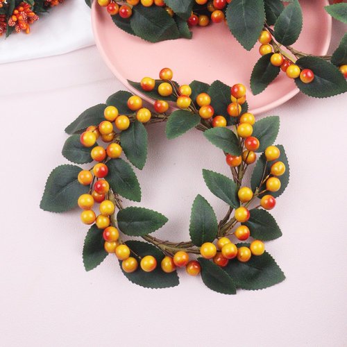 Brihasory Orange Berry Fall Candle Rings Wreaths Set of 2, Small Christmas Wreath 7 Inch Wide with 3 Inch Center Thanksgiving Table Decor Halloween Candle Holders for Table Centerpieces(2PCS)