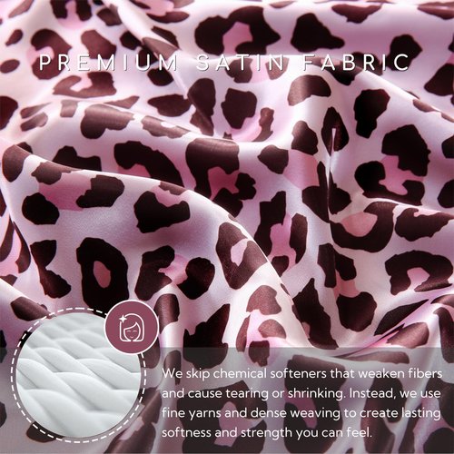 MR&HM Satin Bed Sheets with Elastic Corner Straps, Queen Size Sheets Set, 4 Pcs Silky Bedding Set with 15 Inches Deep Pocket for Mattress (Queen, Pink Leopard)