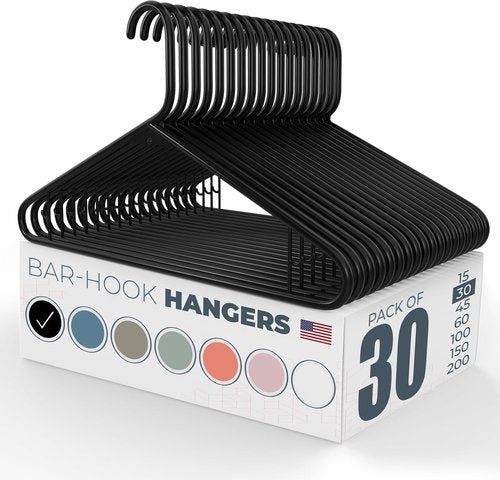 Neaties Plastic Hangers 30 Pack - USA-Made 6lb Capacity Clothes Hangers with Strap Hooks - Black