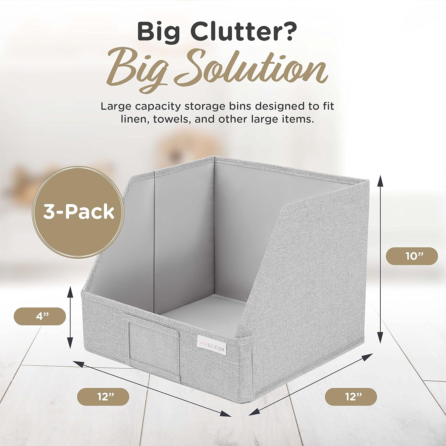 VIVIDECOR Trapezoid Closet Bins - Light Gray Fabric Storage Baskets, 12x12x10, 3 Pack | Collapsible Organizers