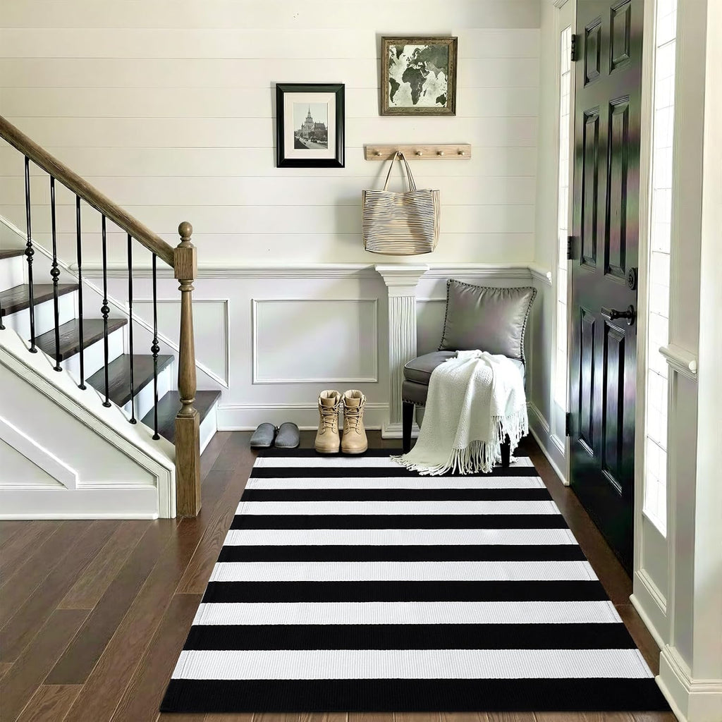 OLANLY Black And White Striped Rug - Washable Cotton Doormat 3' x 5' For Indoor/Outdoor Use