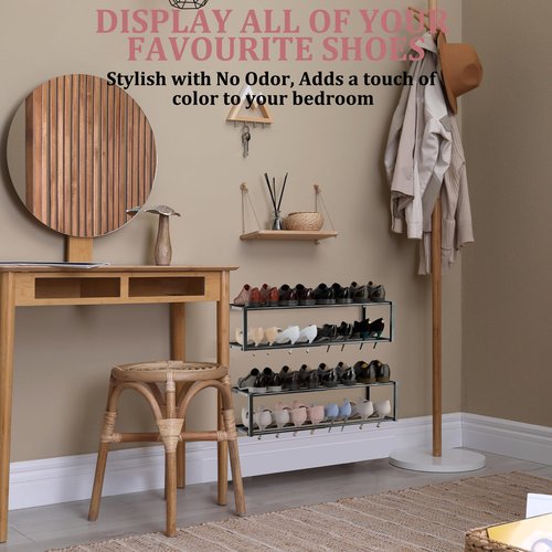 Jchccu 4 Pack Expandable Wall Mounted Shoe Rack, 17"-31" Adjustable Hanging Shoe Rack Holds 32 Pairs, Heavy Duty Metal Shoe Holder with 8 Storage Hooks, Space Saving for Entryway Closet Doorway（Black