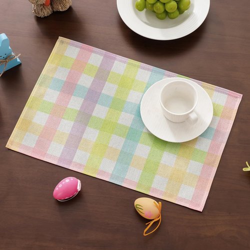 multiwins Easter Table Runner (13"x72") with 4 Placemats (12"x18") & 4 Gift Bags, Thick Fabric Pastel Buffalo Plaid Easter Decorations for Farmhouse Kitchen Dining Room Spring Party