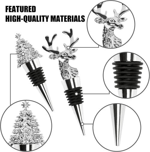 2Pack Christmas Wine Stopper, Elk & Christmas Tree Shape Decorative Wine Bottle Stopper, Food-Grade Silicone & Zinc Alloy Airtight Wine Cork for Wine Champagne, Xmas Party Home Bar Holiday Gift Silver