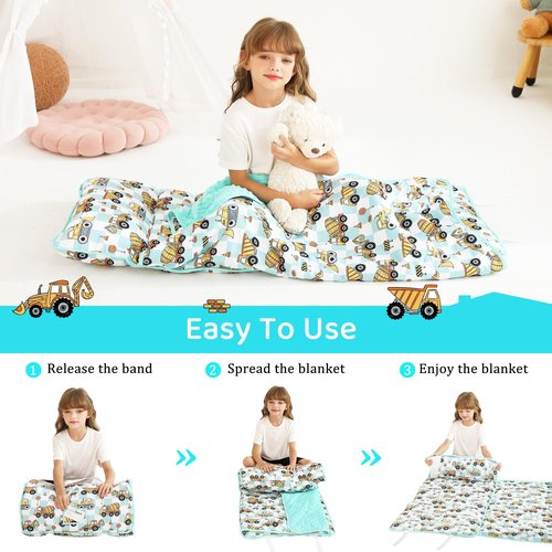 Toddler Nap Mat for Preschool 50''x30'' Sleeping Mat with Removable Pillow and Minky Blanket for Kids Ages 3-7 Roll Up Soft Sleeping Bag for Boys Girls Kindergarten Daycare Sleepover - Excavator