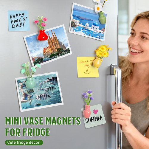 Samlior 8PCS Mini Ceramic Vase Fridge Magnets, Cute Tiny Flower Vase Fridge Magnets with Artificial Flowers for Refrigerator Office and Kitchen Cabinet Decoration