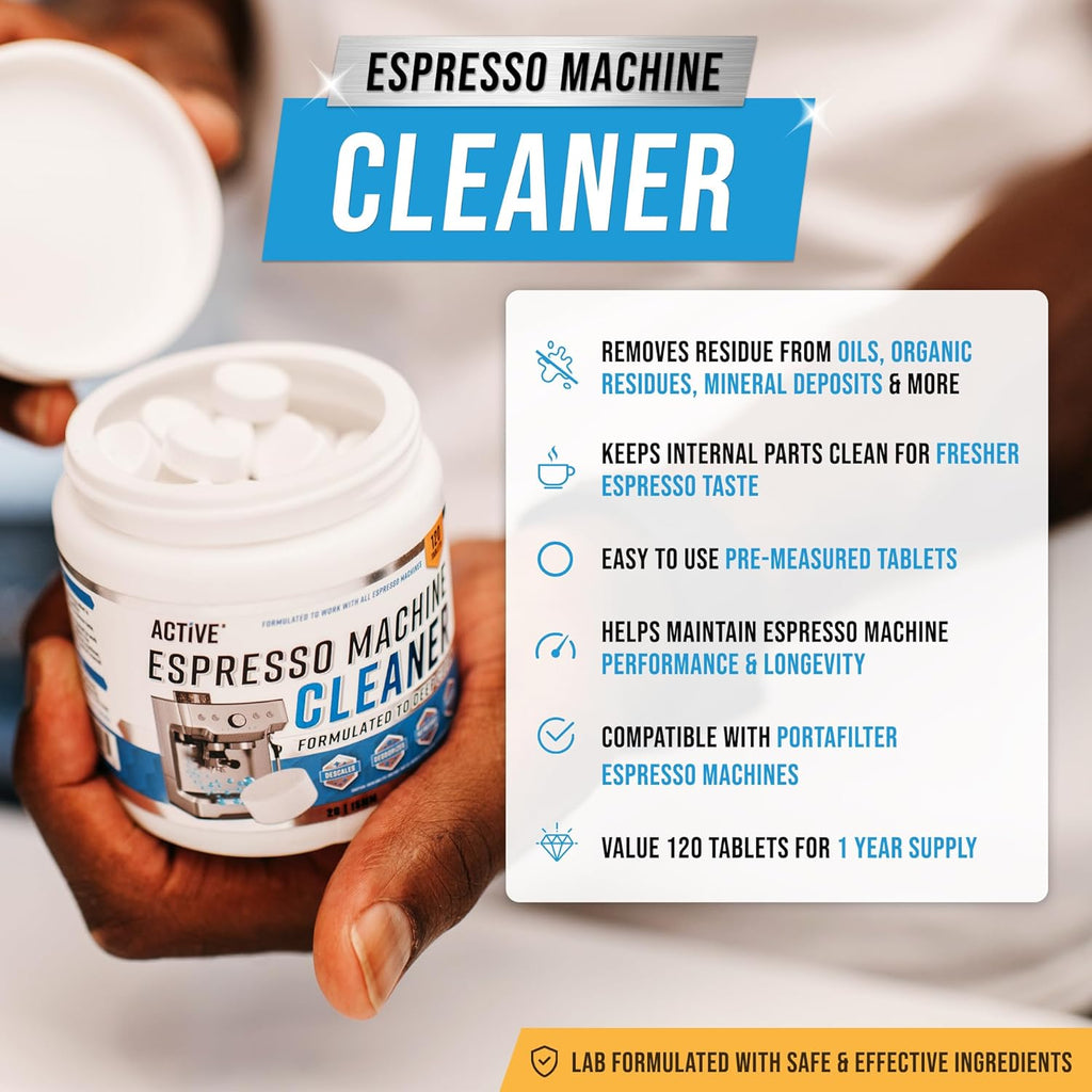ACTIVE Espresso Machine Cleaning Tablets - 120 Descaling Tabs | Compatible with Breville, Gaggia, Delonghi, Jura, Philips | Effective Backflush Oil Remover Solution