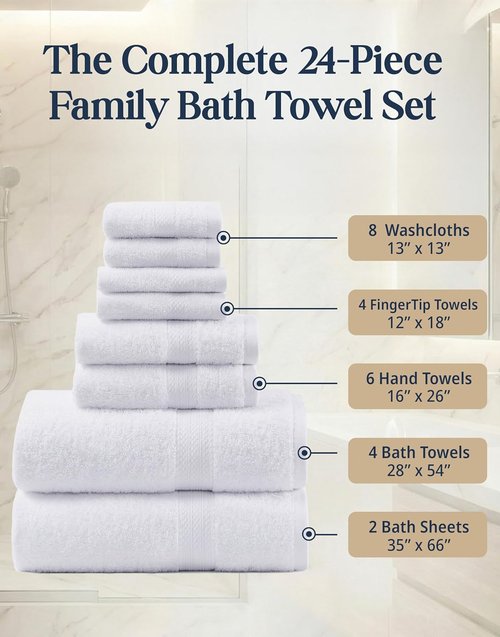LANE LINEN 100% Cotton Bathroom Towel Set - Soft, Absorbent & Durable | 24-Piece Hotel Quality Set in White