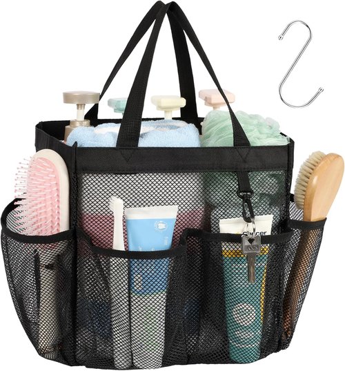 F-color Mesh Shower Caddy - Portable 8 Pocket Quick Dry Organizer for College Dorm & Travel | Black
