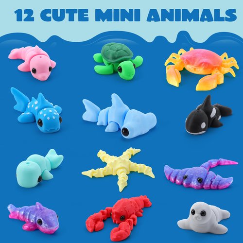 JOYIN 12 Pcs 3D Printed Ocean Animals Set, Mini Animals 3D Printed Toys - Cute Articulated Flexible Figurines Fidget Toys for Easter Party Favors Birthday Gifts Desk Pets Office Home Decor