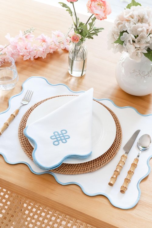 Hofdeco Premium Coastal Patio Indoor Outdoor Placemat Set of 4, 14"x19" Double-Layered, Waterproof Cloth Placemat for Kitchen or Dining Table. Baby Blue Embroidered Solid A