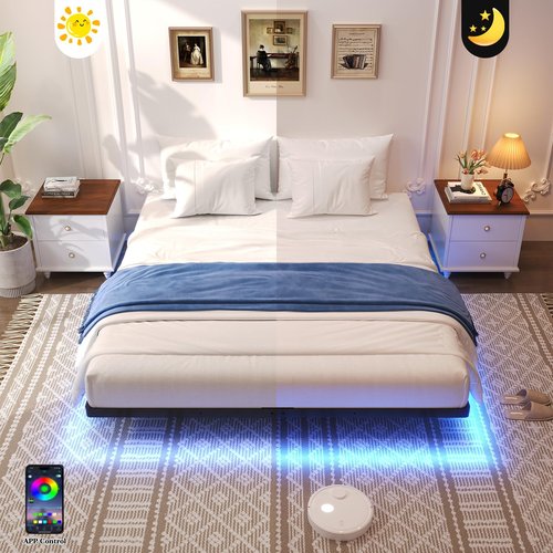 Awesofurni Floating Bed Frame Queen Size, Queen Bed Frame with Smart LED Lights, Heavy Duty Modern Metal Platform Bed No Box Spring Needed - Easy Assembly and Noise Free