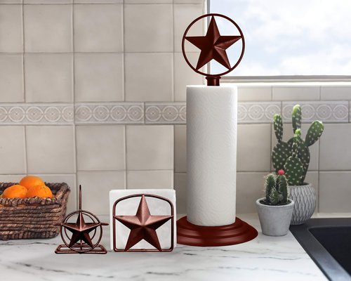Brown Rustic Texas Star Paper Towel Holder, Napkin Holder, Salt and Pepper Shakers Holder, Country Farmhouse Iron Kitchen Counter Accessory Set Holders (Paper Towel, Napkin, S&P Holder (3 Piece Set))