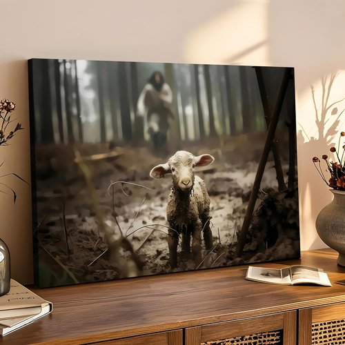 Framed Jesus Christ Wall Art - Canvas Painting of Jesus and Lamb | Biblical Decor for Church, Prayer Room, 12" x 16"
