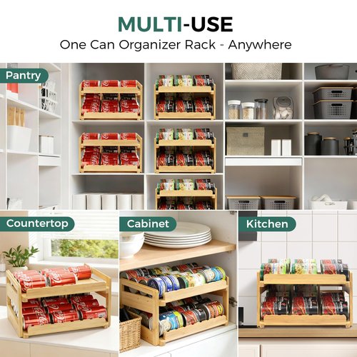 MinBoo Adjustable Can Organizer Rack, Two Tier Bamboo Stackable FIFO Cans Dispenser, Modern Style, Countertop, Assembly Required, Anti Shedding