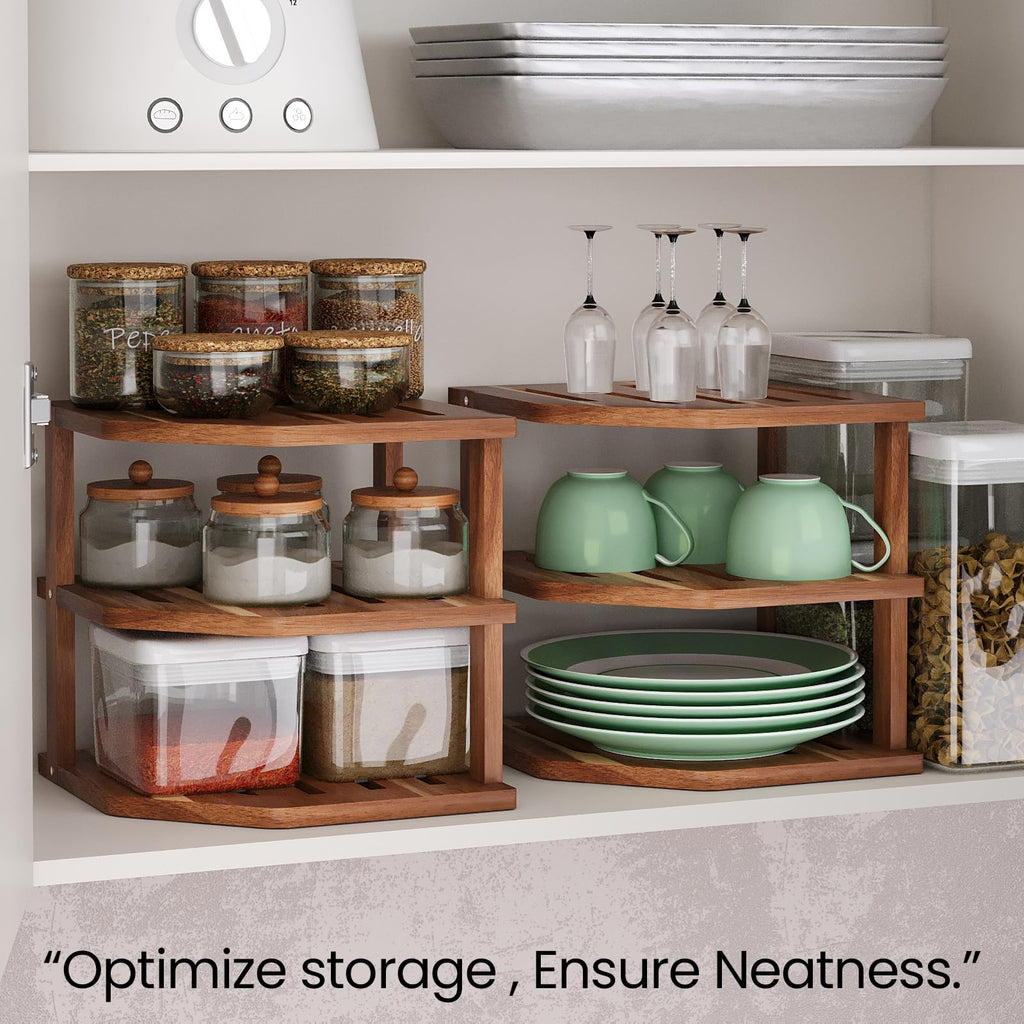 VERTORGAN 3 Tier Acacia Wood Corner Shelf,Dish Drying Rack,Plate Organizer,Kitchen Spice Rack for Countertop and Cabinet,Pantry Organization and Storage