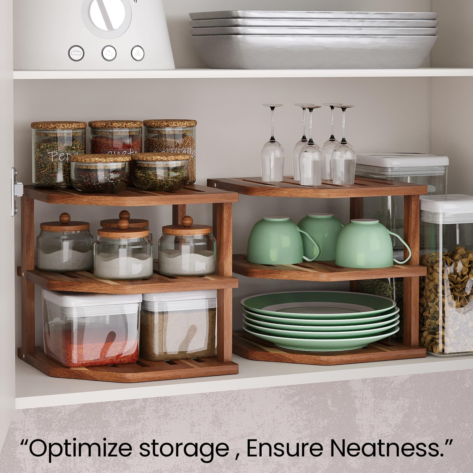 VERTORGAN 3 Tier Acacia Wood Corner Shelf,Dish Drying Rack,Plate Organizer,Kitchen Spice Rack for Countertop and Cabinet,Pantry Organization and Storage