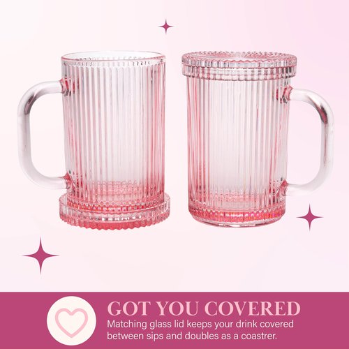 Paris Hilton Ribbed Glass Mug Set with Dual Use Lid/Coaster, Elegant Fluted Glassware, Perfect for Coffee, Tea or any beverage, Set of 2, 13.5-Ounce, Pink