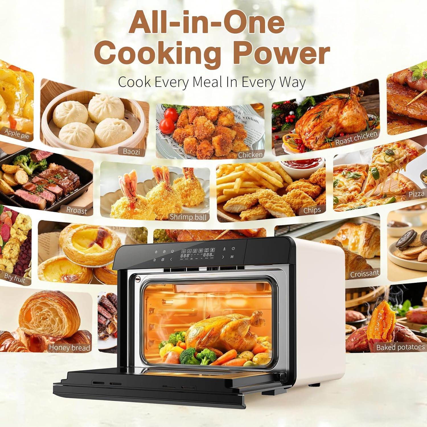 ROBAM Toaster Air Fryer Combi Oven - 20-in-1 Countertop Steam Oven with Multi-Stage Cooking & 30 Recipes (White)
