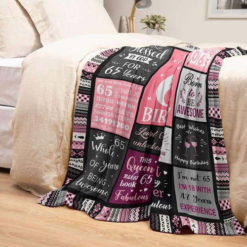 Ivivis 65th Birthday Gifts for Women Throw Blanket 60”x50”, Happy 65th Birthday Decorations for Women, 1961 Bday Gift for 65 Year Old Woman Mom Grandma Friend