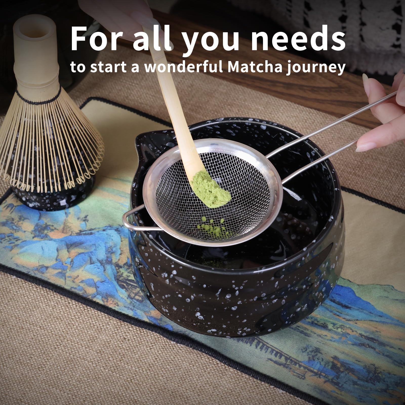 VONAHAST Japanese Matcha Whisk Set - 7-Piece Kit Bamboo Chasen, Ceramic Bowl with Spout, Stainless Steel Sifter & Holder Yellow