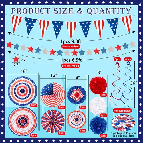 29PCS Patriotic Decorations Set by USA Flag | Red, White & Blue Paper Fans, Pennants & Streamers