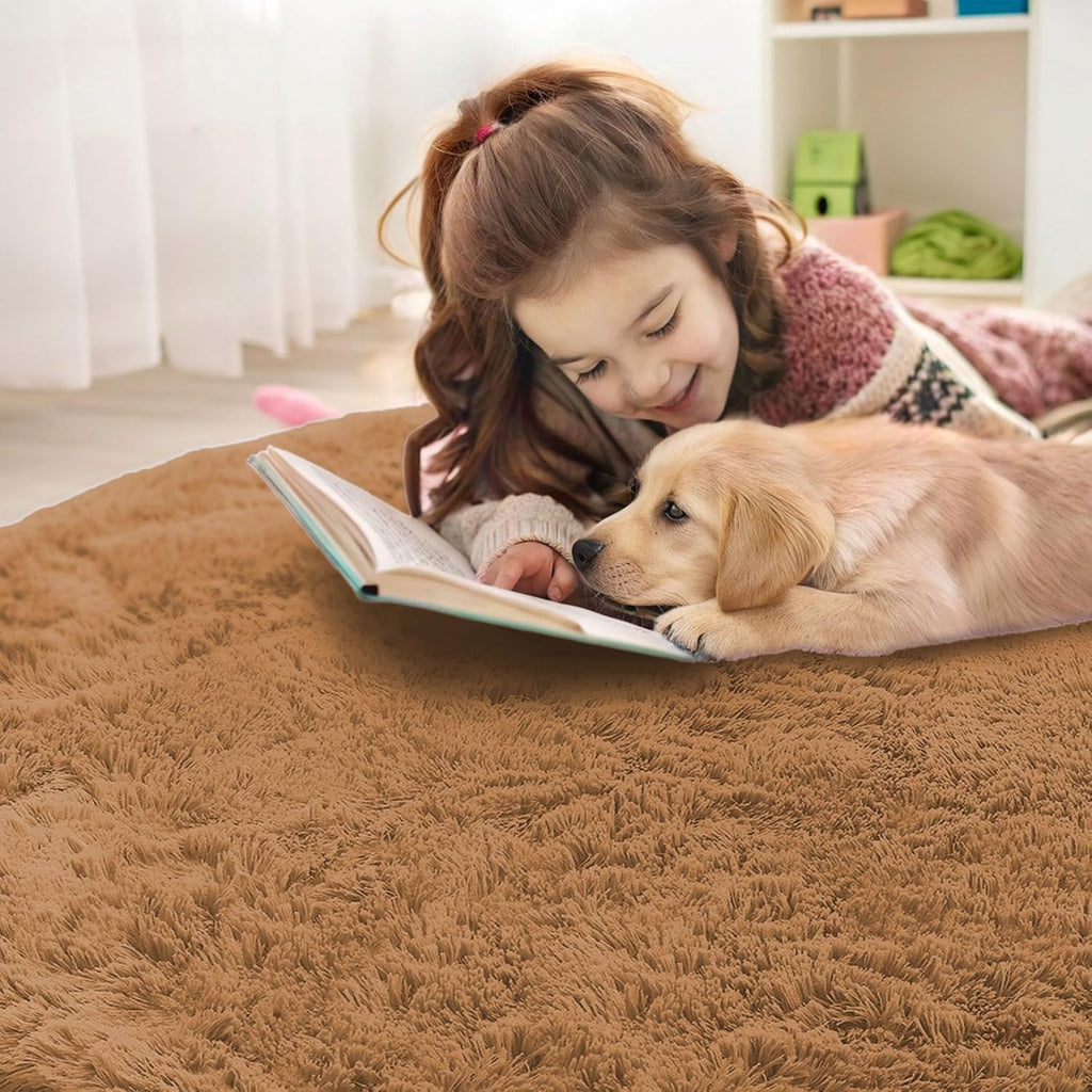 OLANLY Round Khaki Area Rug - Soft, Fluffy, Machine Washable 7 ft Circle Carpet for Bedroom & Living Room