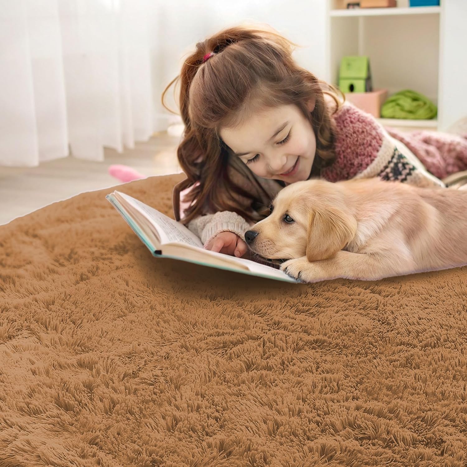 OLANLY Round Khaki Area Rug - Soft, Fluffy, Machine Washable 7 ft Circle Carpet for Bedroom & Living Room