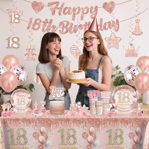 193pcs Rose Gold 18th Birthday Decorations for Girls with Tableware Set, Banner, Hanging, Tablecloth, Cupcake Topper, Centerpieces, Balloon, for Happy 18 Years Birthday Party, Serves 25