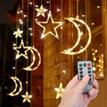 Moon and Stars Decor Curtain Lights, 11.5ft String Lights for Bedroom, Christmas, Ramadan Decor, Indoor LED Fairy Twinkle Light, Battery Operated or USB Plug-in (Warm Yellow + Remote)