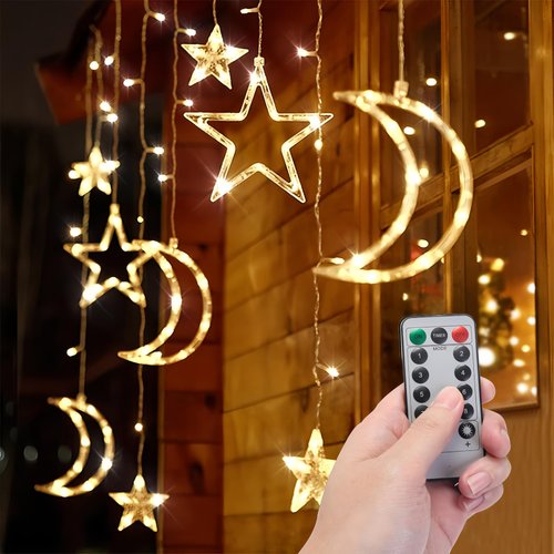 Moon and Stars Decor Curtain Lights, 11.5ft String Lights for Bedroom, Christmas, Ramadan Decor, Indoor LED Fairy Twinkle Light, Battery Operated or USB Plug-in (Warm Yellow + Remote)
