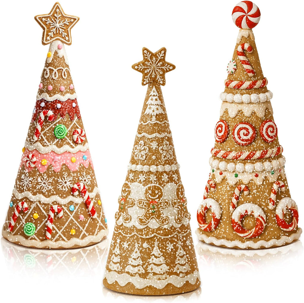 Simgoing Gingerbread Christmas Tree Figurines - 3 Pack Resin Tabletop Decorations for Holiday Centerpieces
