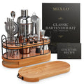 MIXLO HOME Mixology Bartender Kit - 22Pcs Bar Set Cocktail Shaker Set w Brown Bar Cart Accessories Stand - Shakers Bartending Silver Tools, 24oz Shaker, 17 Recipe Cards, Martini Barware