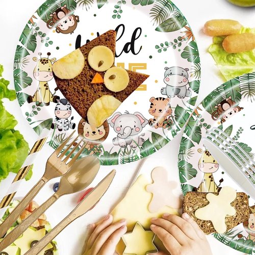 Wild One Birthday Decorations 202 Pcs for 25 Guests, Jungle Safari Theme Party Supplies with Animal Plates Napkins Cutlery Tablecloth Banner, Baby Shower or Boys 1st Birthday Party