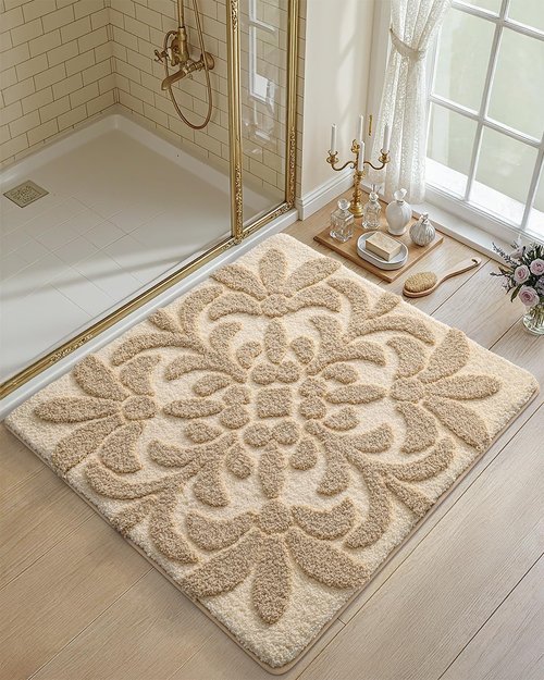 DEXI Bathroom Rug 24x24, Non Slip Washable Bath Mat, Absorbent Soft Microfiber Bathmat, Floral Plant Square Carpet for Shower Floor, Beige