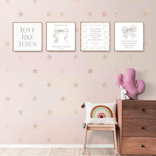 LARTSFRO Coquette Beige Bow Wall Art Decor - Inspirational Christian Posters for Teen Girls | Set of 4, 10x10 Inch (Unframed)