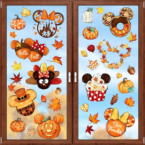 Fall Window Clings Decorations Mouse Shaped, 80pcs Thanksgiving Pumpkin Maple Leaves Window Decals Double-Sided Window Stickers for Autumn Fall Harvest Party Home Decor